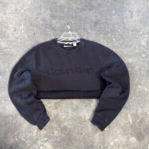 Calvin Klein Crop Top Sweatshirt Womens  L Black Crewneck Embroidered Logo